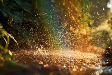 Golden hour sunlight passing through splashing water in a garden setting, eco and positivity concept