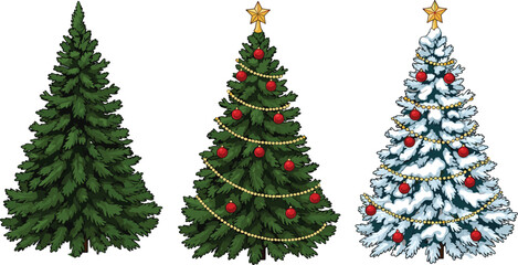 Obraz premium Christmas tree set with decorated and snow covered fir trees, festive holiday vector illustration isolated on white background for winter celebration design