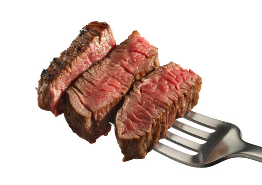 Sliced steak on a fork meat food isolated on a transparent background