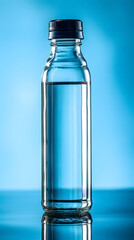 Naklejka premium A clear glass bottle filled with blue liquid sits on a reflective surface against a blue background.