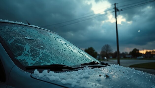 Car windshield shows spider web cracks from hail impact. Ice pellets cover car hood after severe storm. Dark ominous clouds gather overhead. Roadside view highlights severe weather damage.