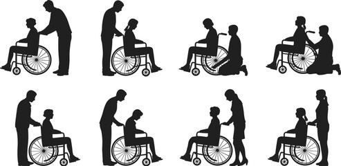Black silhouettes of caregivers pushing people in wheelchairs, set of medical assistants and disabled patients in various poses on white.