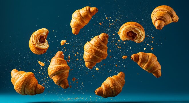 Golden Croissant Dance: Teal Background Food Photography