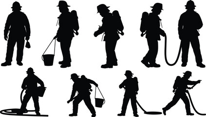 Firefighter silhouettes, emergency response, helmet gear, hose carrying, bucket usage, protective clothing, rescue teamwork, fire safety artwork design