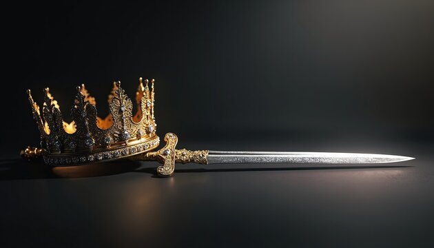 Golden crown rests beside ornate sword on dark surface. Royal regalia symbolizes power, authority, and potential conflict. Represents monarchy, leadership, and succession.