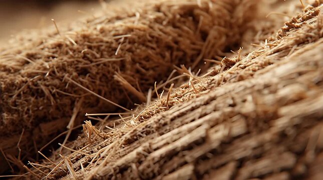 Close-up view of a textured, fibrous material with rough, brown fibers and a natural, earthy appearance