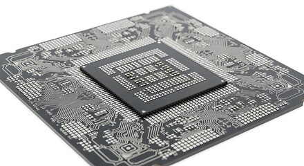 Modern circuit board with central processor chip in detailed close up view