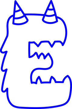 Letter E Monster Outline Horn Concept Playful Kid Fun Coloring Page Laser Stamp Font