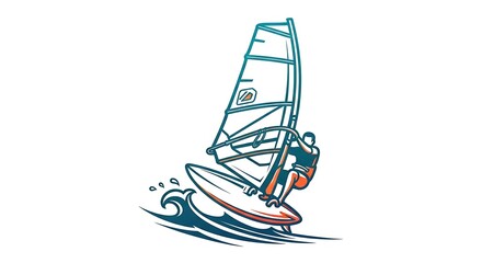 Graphic depiction of a person windsurfing on a wave, outlined in shades of blue and orange. A stylized image, capturing motion
