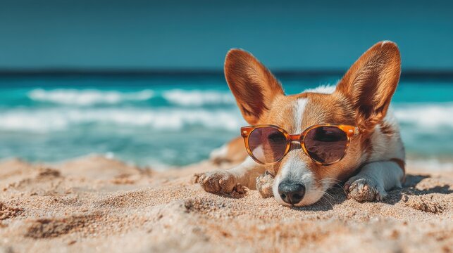 Relaxing corgi with sunglasses lying on a sandy beach by clear blue ocean