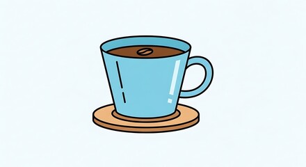 Obraz premium Illustration of a blue coffee mug on a wooden coaster, filled with brown liquid and a single bean