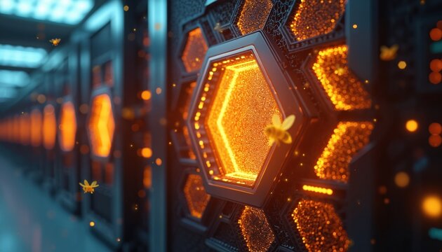 Futuristic honeycomb server racks glow with orange light. Tiny bees fly around data storage units. Network infrastructure uses AI for cyber security and data processing.