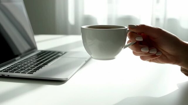 A moment of calm reflection with coffee and laptop, strategizing playful pranks or enjoying a brief respite amidst the merriment of April Fools' Day