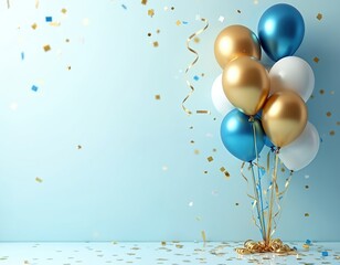 Obraz premium Gold and blue balloons float with confetti falling around. Ribbons stream from the bunch. Party celebration background with light blue color. Festive mood for event.