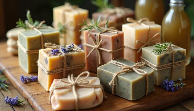 Assortment of handmade soaps with natural ingredients and herbs arranged on a wooden board. Bars tied with twine, some with rosemary sprigs and lavender flowers, suggesting artisanal skincare.