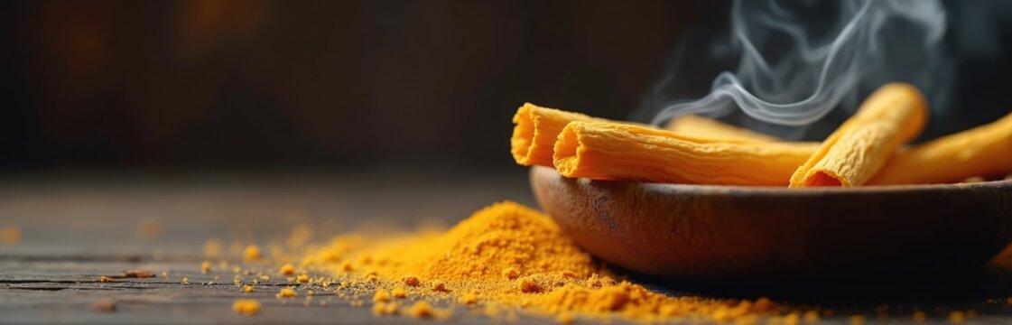 Burning incense sticks release aromatic smoke. Golden powder piles near wooden bowl filled with dhoop cones. Gentle steam drifts upward from smoldering spice.