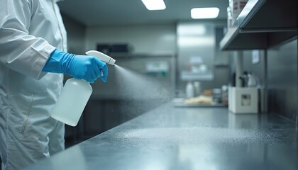 Naklejka premium Person in protective suit sprays disinfectant liquid on stainless steel table in commercial kitchen. Strict hygiene and sanitation protocols followed for food safety.