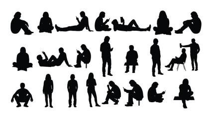 Collection of people in various sitting and lying down positions isolated on white background, Vector © SILHUETTECHEMBER
