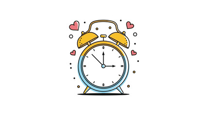 Classic analog alarm clock with a yellow and blue face surrounded by pink hearts and small dots on a clean white background.