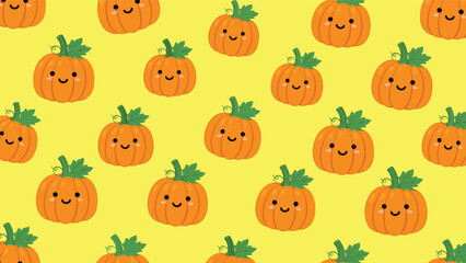 Fototapeta premium Cheerful seamless pattern showing many cute cartoon pumpkins with smiling faces and green stems repeated on a bright yellow background.