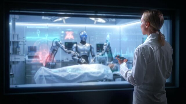 Hightech Surgery In Sterile Lab, Tense Medical Procedure With Advanced Robotics And Holographs Present