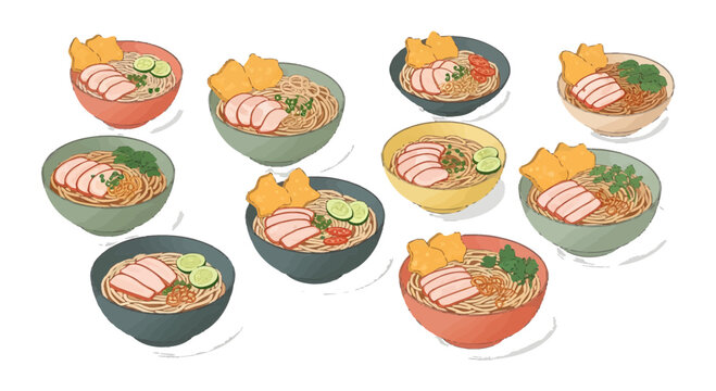 Set of Isometric Asian Noodle Bowls with BBQ Pork, Wontons, and Herbs - Vietnamese Mi Xa Xiu and Ramen Illustration Isolated on White Background