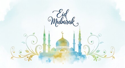 Watercolor illustration of a mosque with calligraphic greeting white background