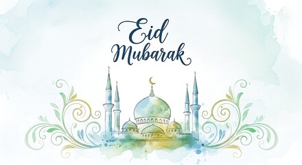 Watercolor illustration of a mosque with floral elements and festive greeting