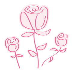 お洒落なピンク色のバラの線画のステッカー風イラストセット