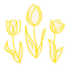 かわいい黄色のチューリップの線画のステッカー風イラストセット