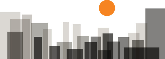 Abstract Minimalist City Skyline Silhouette With Overlapping Gray Buildings And Sun