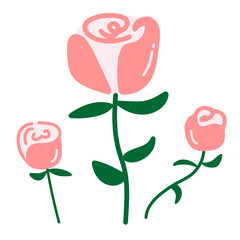 ピンクのバラの手書き風お洒落なイラストセット