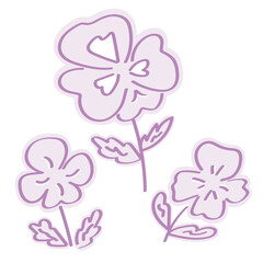 パープルのパンジーのポップな線画のステッカー風イラストセット