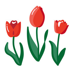 赤色のチューリップ かわいい手描きのイラストセット