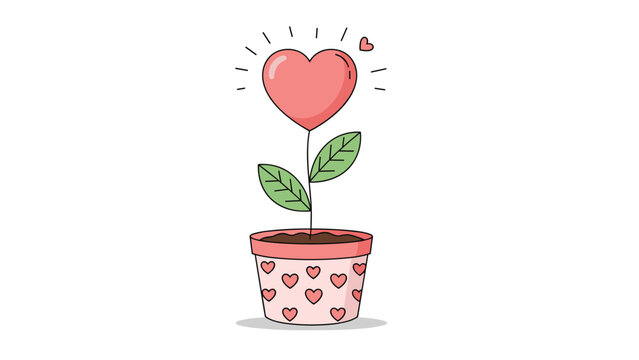 Heart shaped pink flower grows in a matching decorative pot with heart patterns symbolizing love and care for nature and plants.