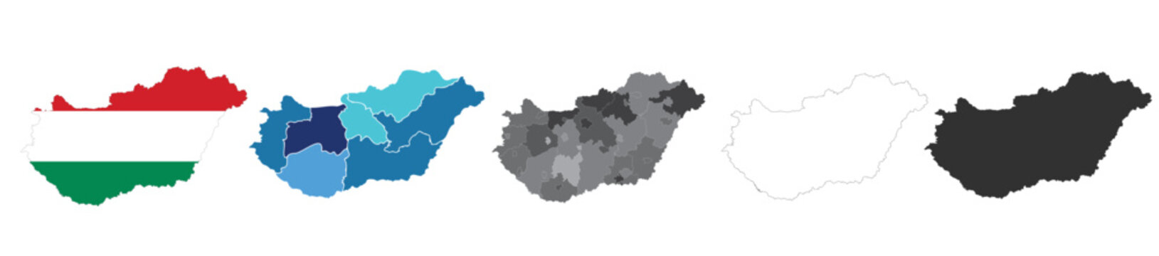 &ldquo;Hungary map set featuring detailed country outline, regions, and location variations in vector format.