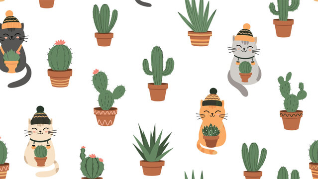 Seamless pattern showing adorable cats wearing winter hats and holding small potted cacti in their paws on a white background.