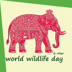 Fototapeta premium World Wildlife Day logo vector with decorative crowned elephant, floral motifs, bold text, yellow background, and green corners for conservation awareness branding