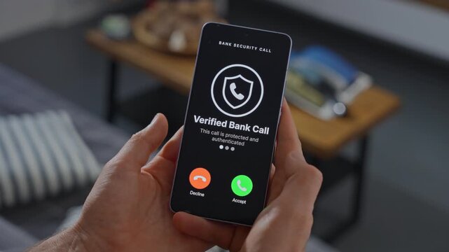 Phone Security Check, Person Making Secure Bank Call While Relaxing In Cozy Living Room Environment