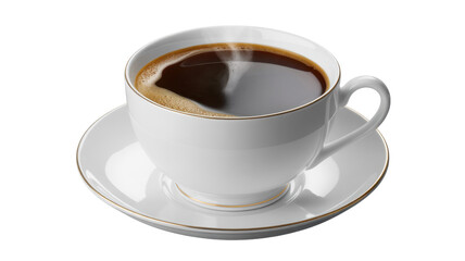 Obraz premium White coffee cup and saucer with gold trim and steam isolated on a transparent background