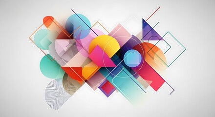 A vibrant abstract composition with layered geometric shapes in diverse colors and transparent effects against a neutral background