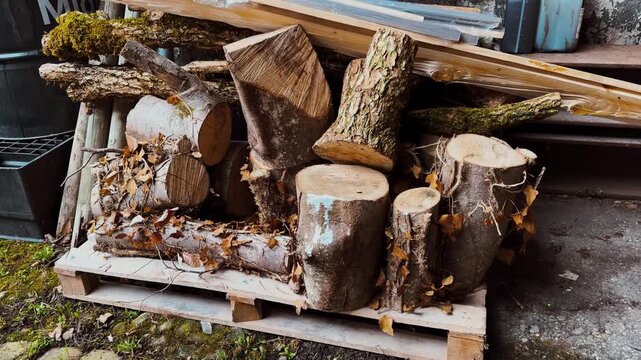 Pile of chopped firewood logs stacked outdoors, symbolizing winter preparation, sustainable heating and rustic outdoor living.
