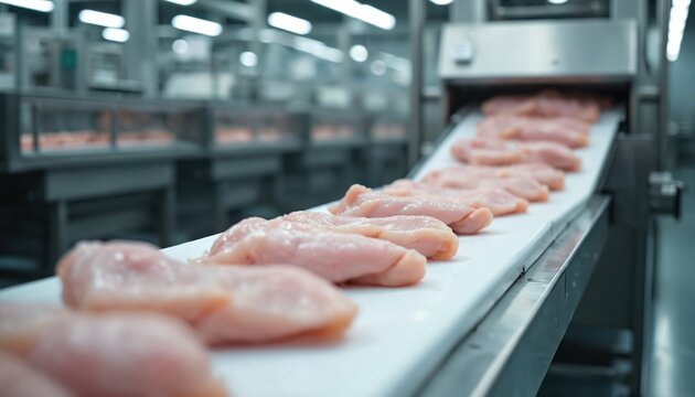 Chicken fillets move on conveyor belt in poultry processing plant. Automated line prepares raw meat for industrial food production. Fresh protein is inspected for quality.
