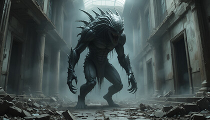 A terrifying monster stands amidst the ruins of a destroyed building