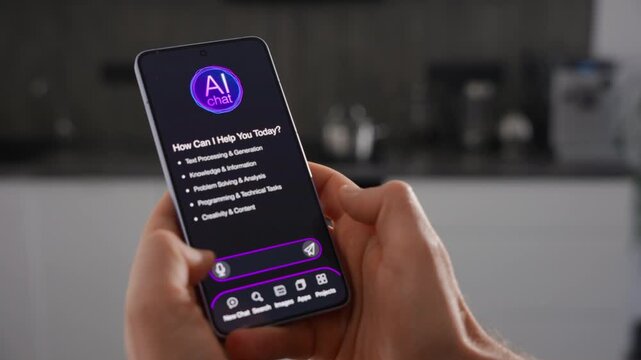 User Communicates With Virtual AI Companion Amidst Kitchen Utensils And Household Appliances