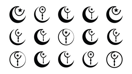 Vector design set of 12 crescent moon and star symbols with keys black icons on white background for ramadan or islamic celebrations decorative elements