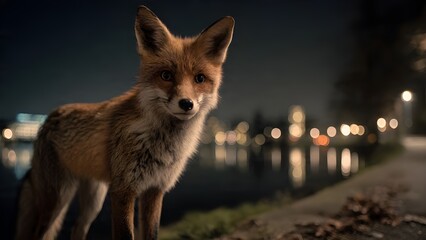 Fototapeta premium Red Fox Standing Near River at Night with City Bokeh Lights Background