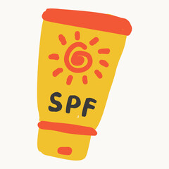 Flat vector illustration of sunscreen tube with sun symbol and SPF text in bright tropical summer style.