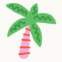 Flat vector illustration of stylized tropical palm tree with green leaves and striped trunk in playful summer style.