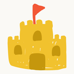 Flat vector illustration of yellow sand castle with small flag in simple playful beach style on light background.